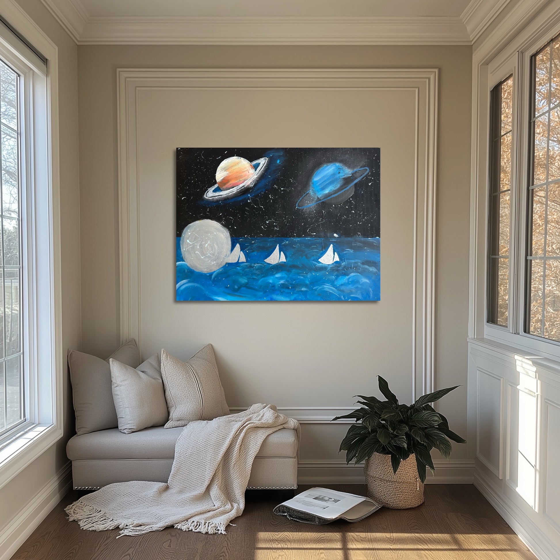 Canva print of planets and the sea